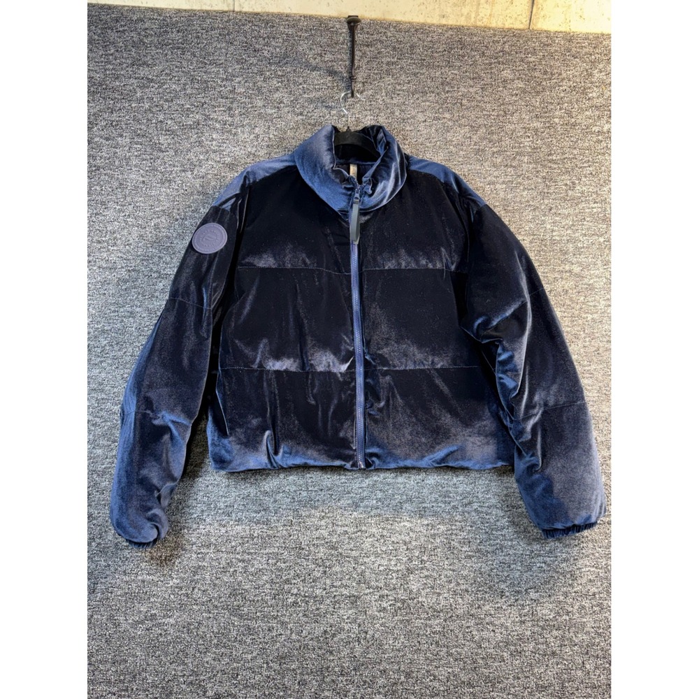 Fabletics Navy Blue Velvet Puffer Jacket Mock Neck Quilted Zip Up Size L